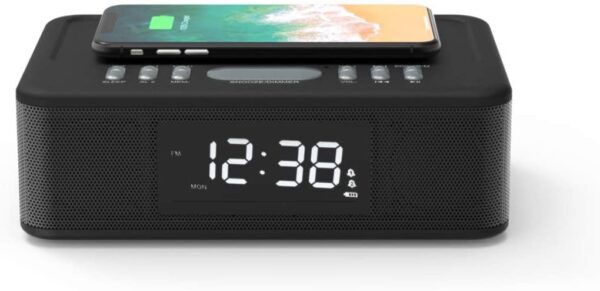 Voyager Home Bedside Alarm Clock Radio with Bluetooth Speaker, Qi Wireless Mobile Charging, Black