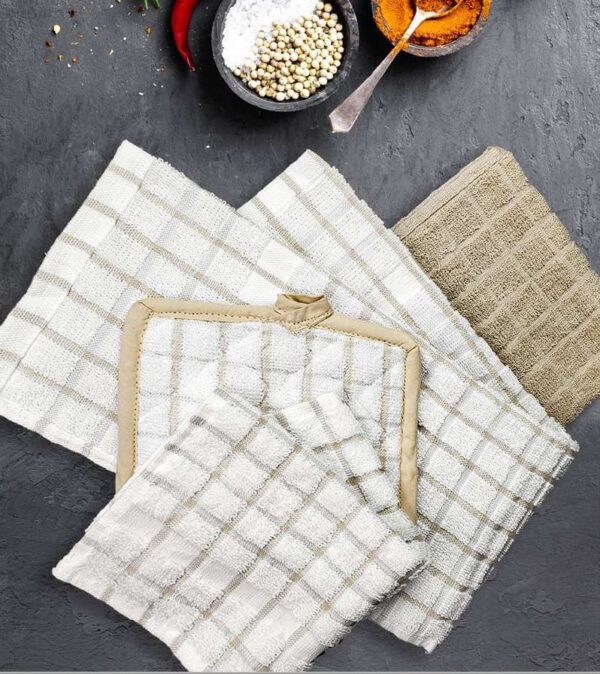 Premium Kitchen Dish Cloth, 12x12, White and Tan, Priced in Dozens, Packed 25 Dozen per Carton